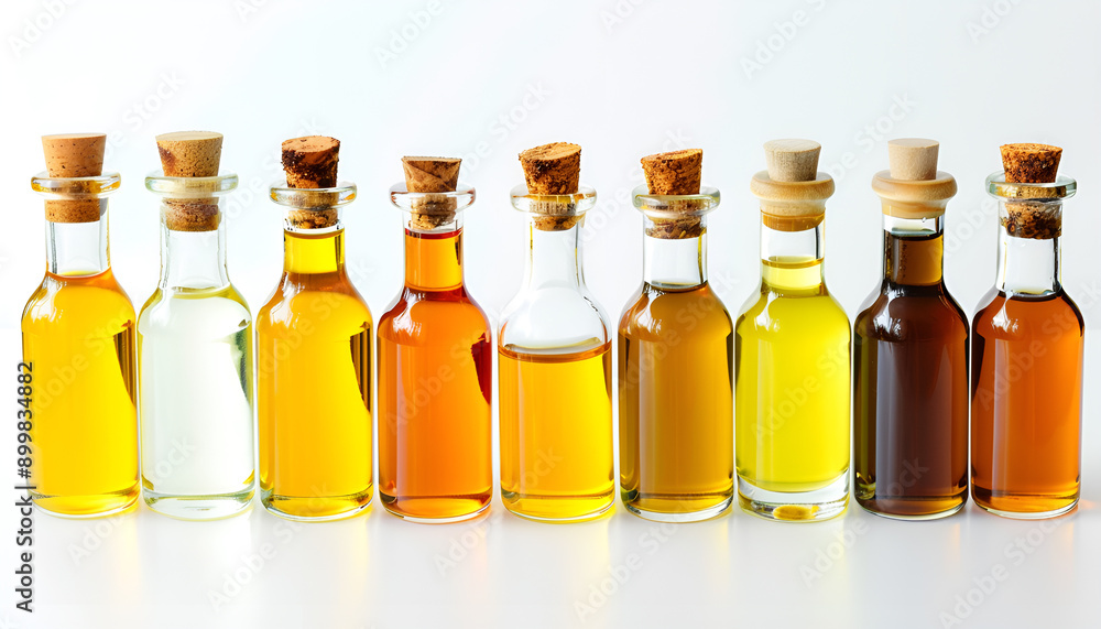 Vegetable fats. Different cooking oils in glass bottles on white background, closeup Vegetable fats. Different cooking oils in glass bottles on white background, closeup