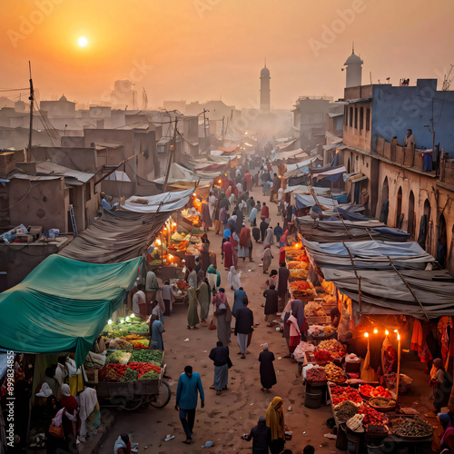 traditional-pakistani-vegetable-market, bazar, markeet, suneset, sunrise, treviling, people walking, walk, people walk in markeet photo