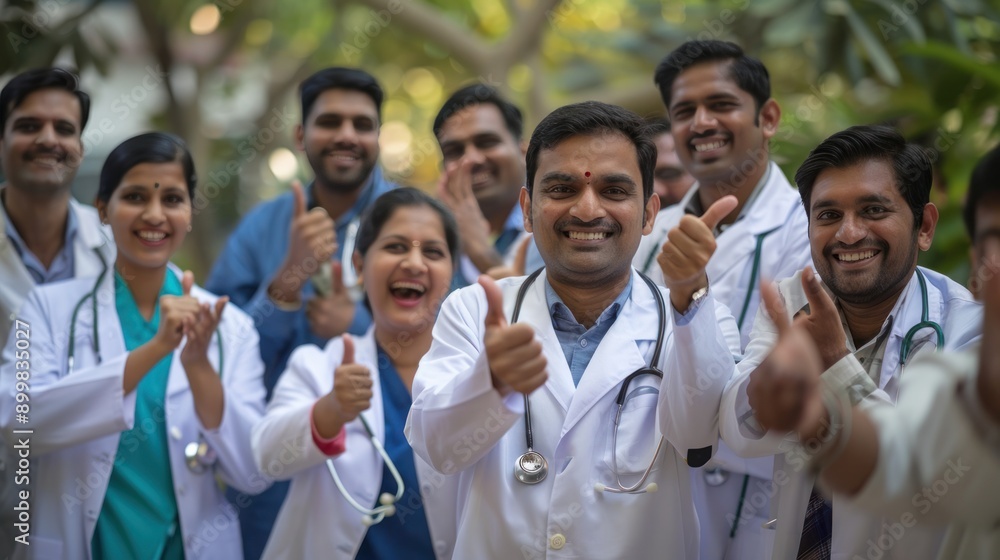 Indian asian group of medical doctors thumbs up, clappiing or celebrating success Indian asian group of medical doctors thumbs up, clappiing or celebrating success