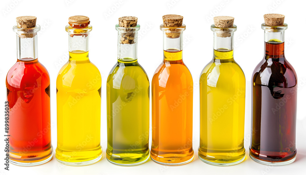 Vegetable fats. Different cooking oils in glass bottles on white background, closeup Vegetable fats. Different cooking oils in glass bottles on white background, closeup