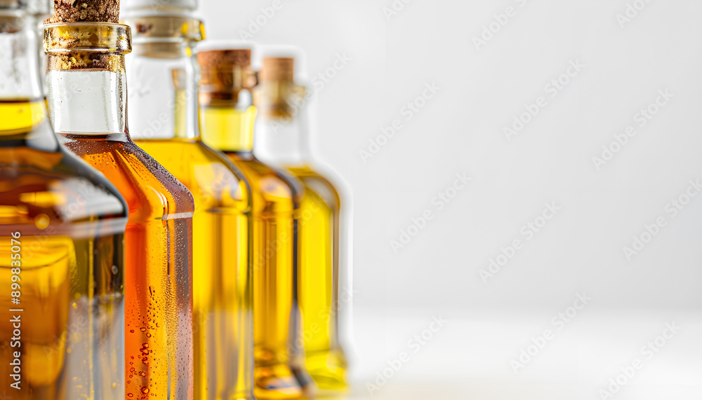 Vegetable fats. Different cooking oils in glass bottles on white background, closeup Vegetable fats. Different cooking oils in glass bottles on white background, closeup