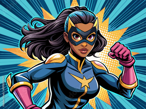 Pop art comic book style super heroine Wearing a mask punching with female superhero