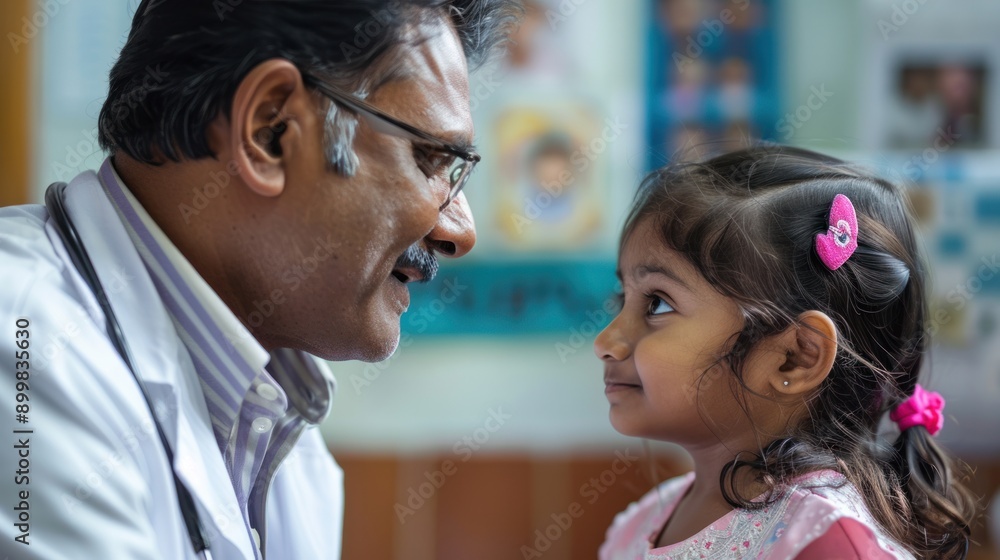 Naklejka premium Indian asian small little girl visits Male doctor in clinic who is senior, elderly, old or matured