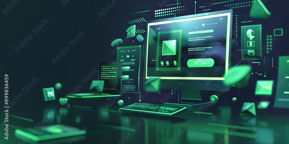 3D illustration of web design and development with a green color palette, floating in space against a dark background in a minimalistic and simple style with green gradients on the edg 3D illustration of web design and development with a green color palette, floating in space against a dark background in a minimalistic and simple style with green gradients on the edg