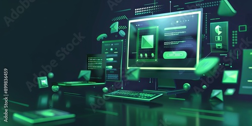 3D illustration of web design and development with a green color palette, floating in space against a dark background in a minimalistic and simple style with green gradients on the edg