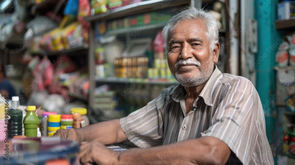 Portrait of Indian male small Kirana or grocery shop owner sitting at cash counter, looking happily at camera Portrait of Indian male small Kirana or grocery shop owner sitting at cash counter, looking happily at camera