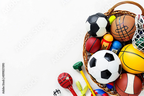 Soccer ball Sports equipment in basket on white background. Top view with copy space