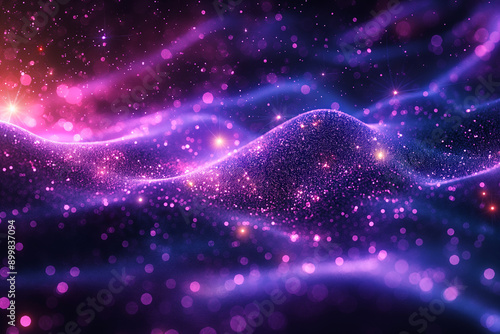 Sparkling mystical glitter and vivid purple galaxy with ethereal light waves in the background