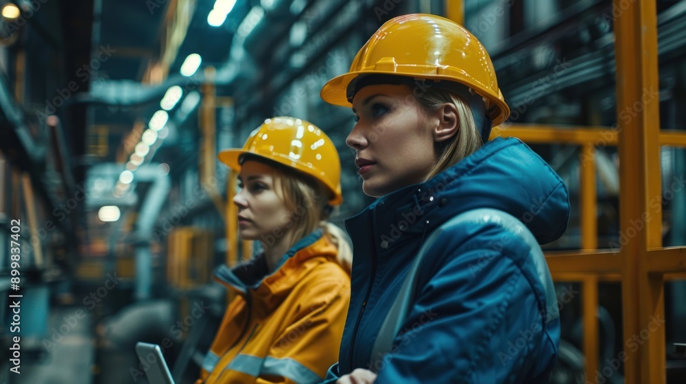 Professional Heavy Industry Employees Wearing Hard Hats at Factory. Checking and discussing industrial facilities, and working on laptop computers. Caucasian Female Engineer and Male Technician Professional Heavy Industry Employees Wearing Hard Hats at Factory. Checking and discussing industrial facilities, and working on laptop computers. Caucasian Female Engineer and Male Technician