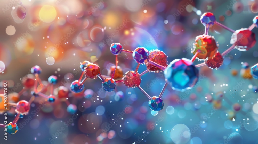A colorful image of molecules and atoms with a blue background A colorful image of molecules and atoms with a blue background