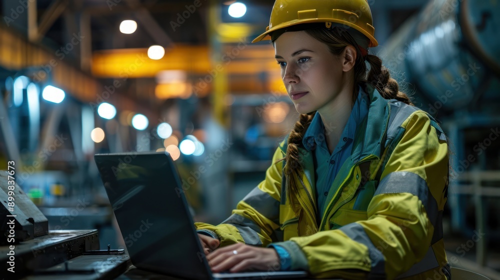 Professional Heavy Industry Employees Wearing Hard Hats at Factory. Checking and discussing industrial facilities, and working on laptop computers. Caucasian Female Engineer and Male Technician Professional Heavy Industry Employees Wearing Hard Hats at Factory. Checking and discussing industrial facilities, and working on laptop computers. Caucasian Female Engineer and Male Technician