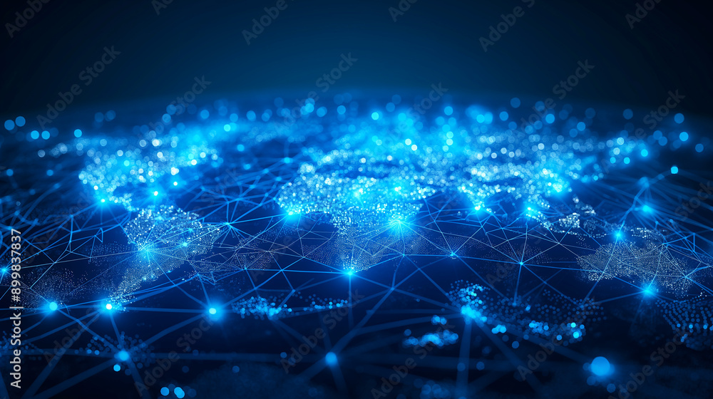 Fototapeta premium Global digital network technology with blue abstract map and glowing connections on cyberspace