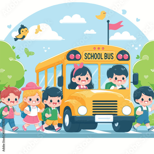 vector image of cute school children riding the bus