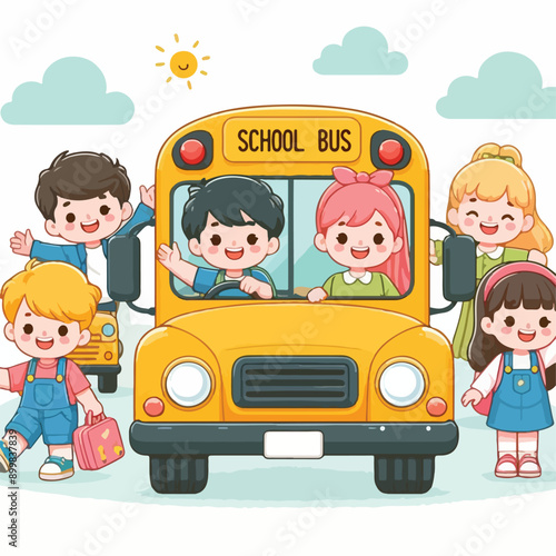 vector image of cute school children riding the bus