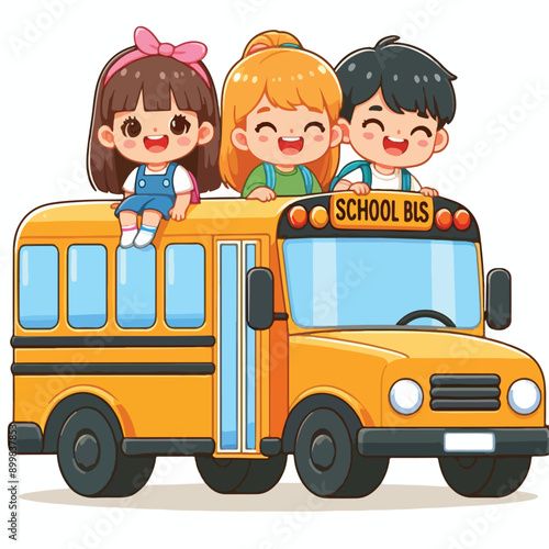 vector image of cute school children riding the bus