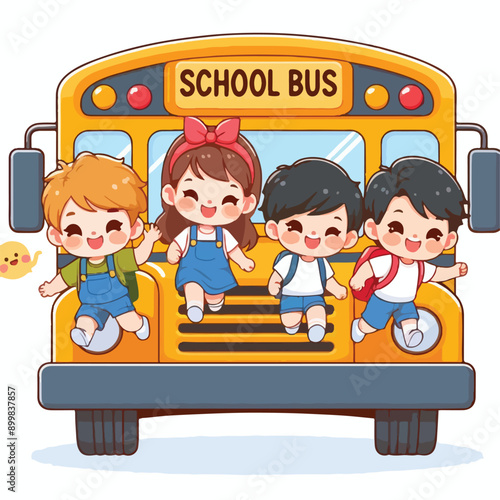 vector image of cute school children riding the bus