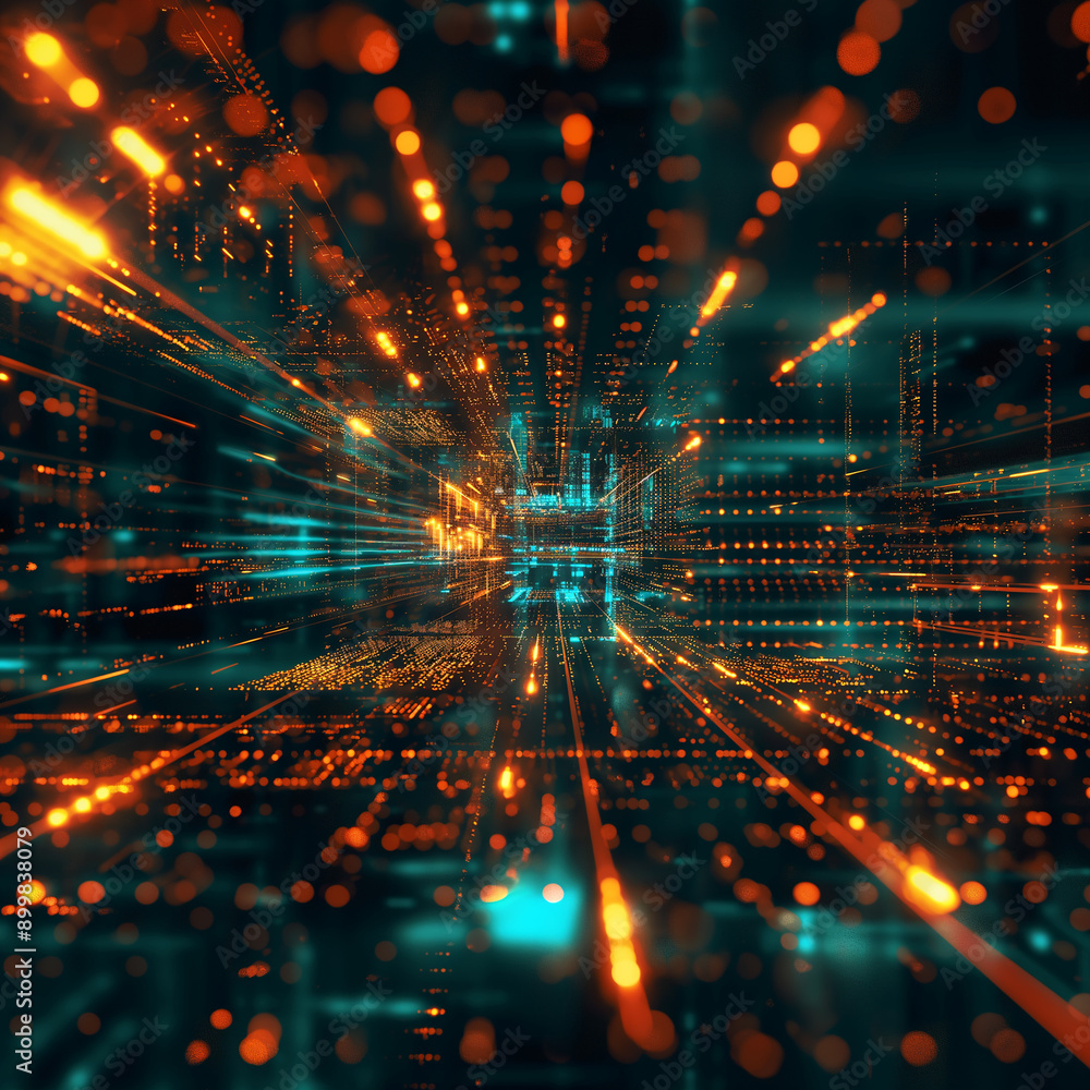 Fototapeta premium Futuristic visualization of glowing data network in cyberspace with neon lights and technology abstraction