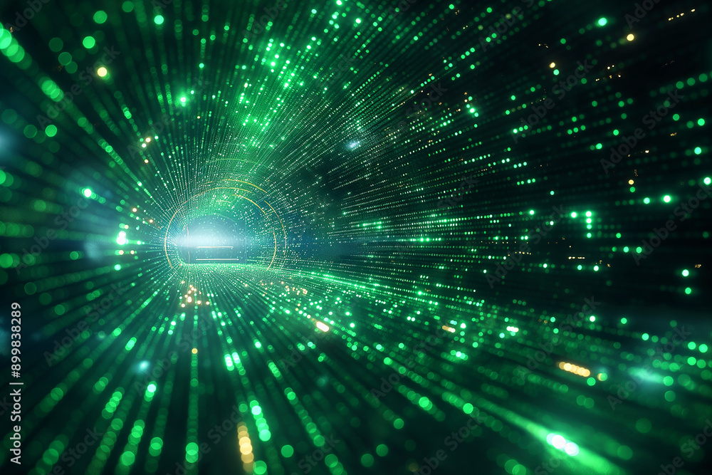 Naklejka premium Green glowing matrix digital light tunnel with futuristic cyber abstract technology