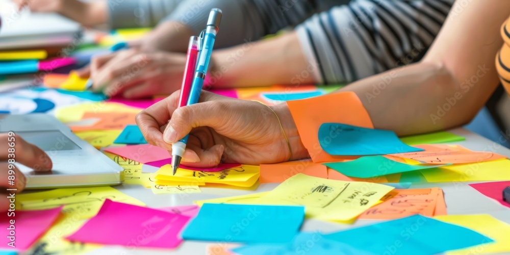 A photo shows two hands writing on sticky notes in A photo shows two hands writing on sticky notes in