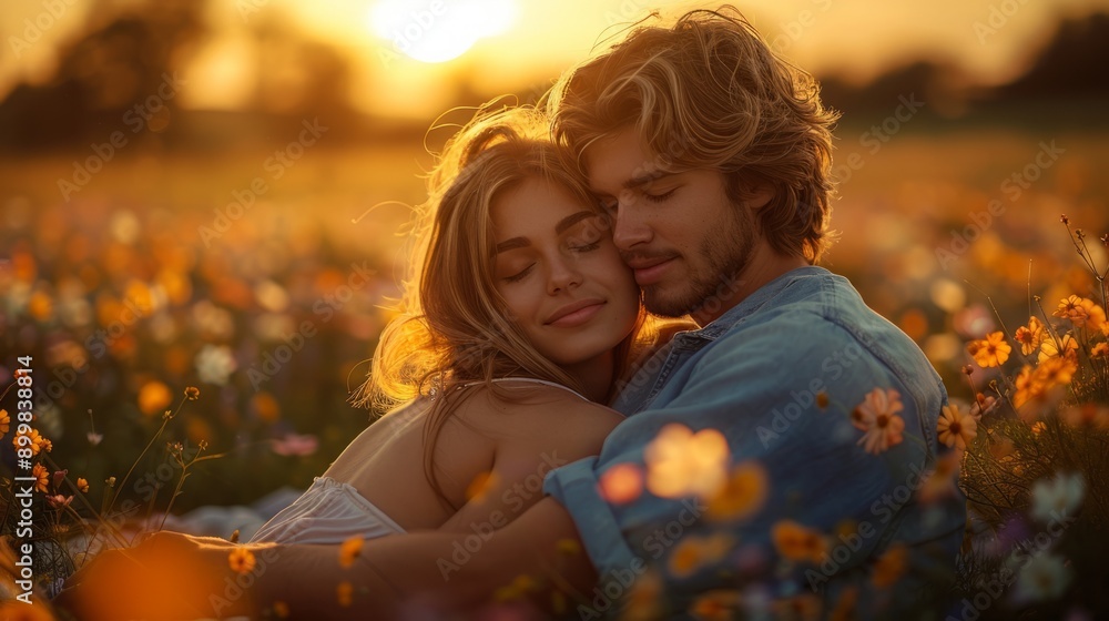 A couple sits on a picnic blanket in a wildflower field at sunset, the woman rests her head on the man's shoulder, and the man holds her tightly, lovingly, romantically, naturally, at sunset A couple sits on a picnic blanket in a wildflower field at sunset, the woman rests her head on the man's shoulder, and the man holds her tightly, lovingly, romantically, naturally, at sunset