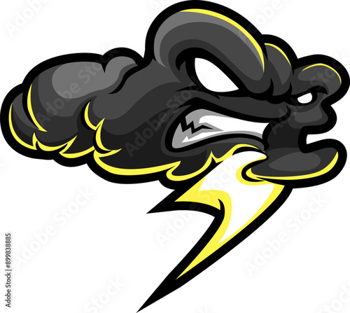 angry cloud holding lightning mascot logo