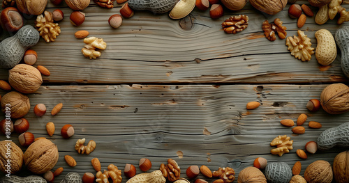 Nut Medley on Wooden Surface with Gray Background Enhanced in Super-Resolution Quality photo