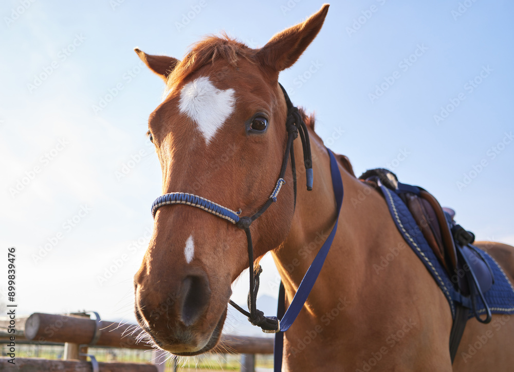 Obraz premium Horse, portrait and ranch farm, outdoor and fence for protection of pet, saddle and ready for competition. Stallion, healthy and wellness with strong breed in countryside, nature and animal in Texas