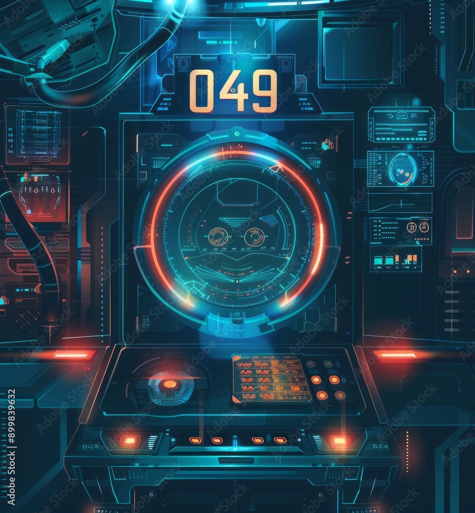 A vector illustration of the control system in an alien spaceship with holographic elements and digital buttons for future technology design. A round display is located at the cente A vector illustration of the control system in an alien spaceship with holographic elements and digital buttons for future technology design. A round display is located at the cente