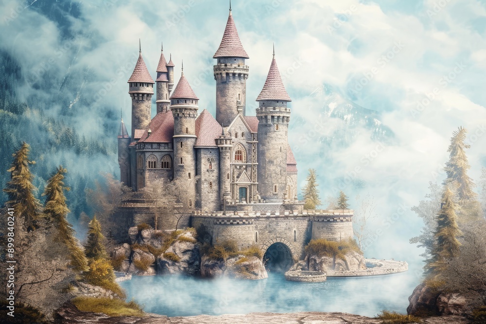 Obraz premium This photo captures a painting depicting a castle nestled amidst the dense foliage of a forest, Medieval castle backdrop for a majestic princess-themed birthday, AI Generated