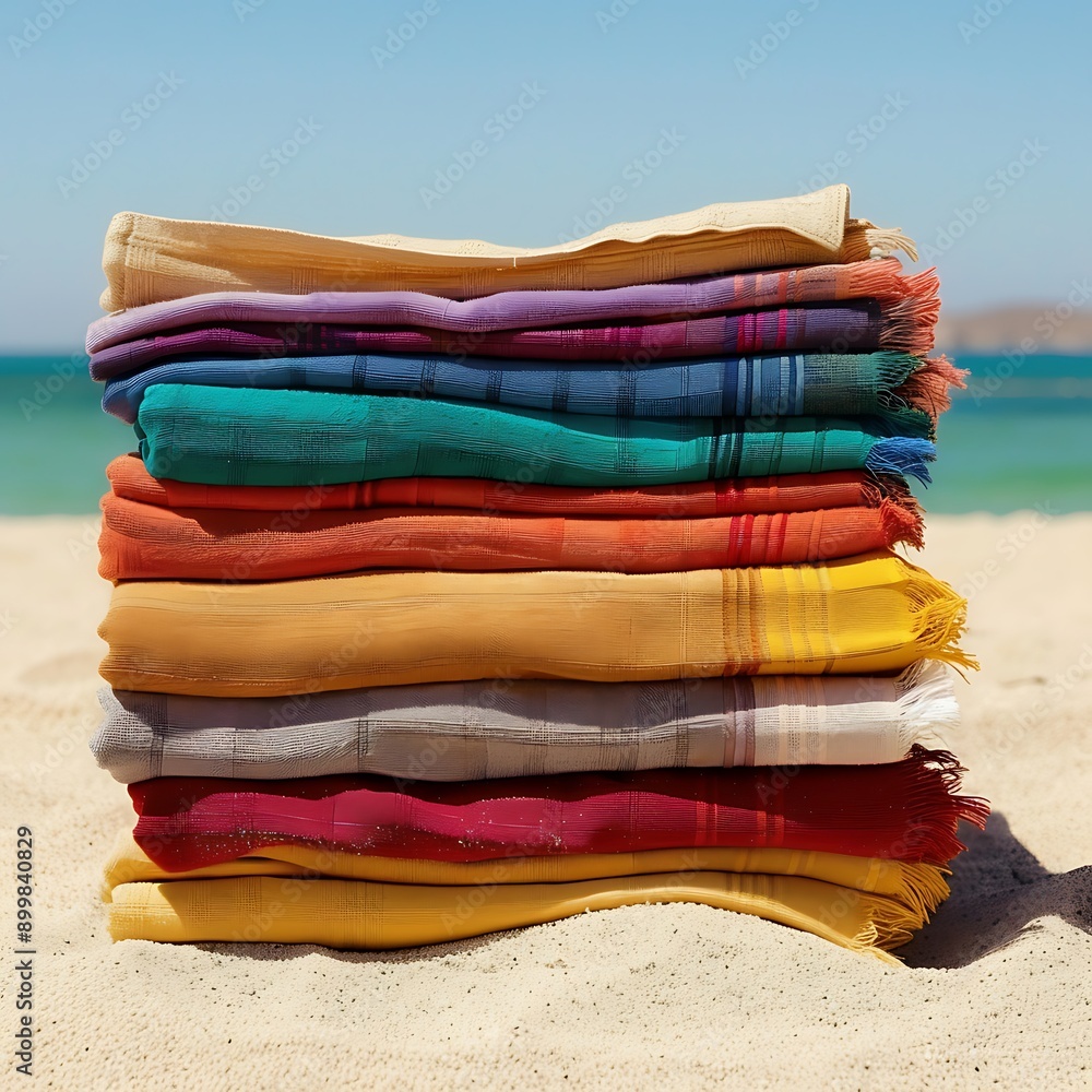 A stack of colorful beach towels folded neatly on the sand. A stack of colorful beach towels folded neatly on the sand.