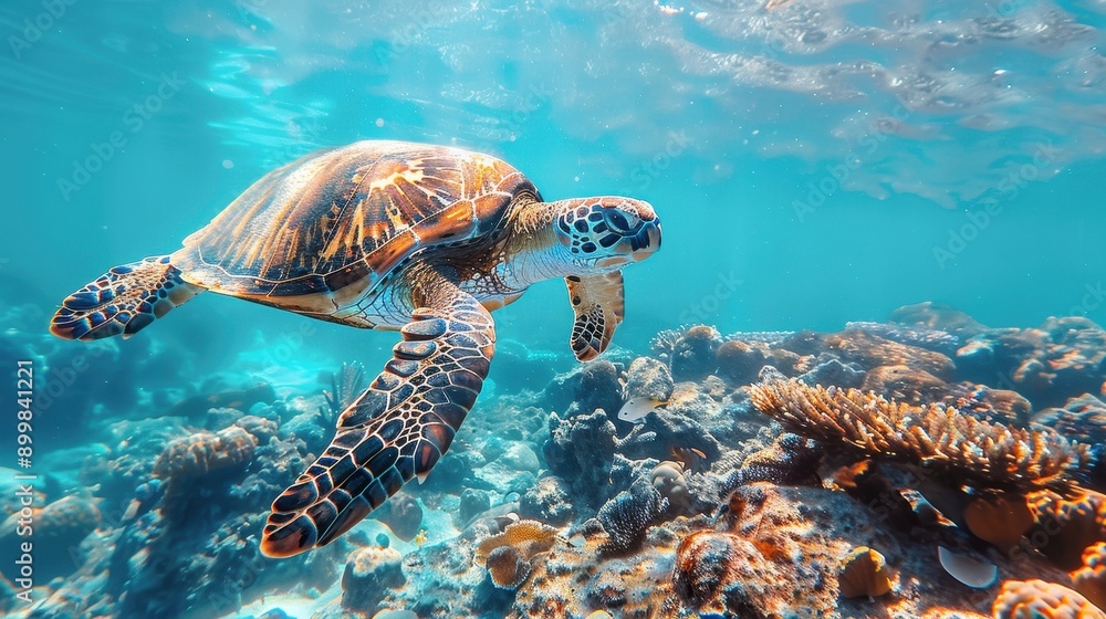 Fototapeta premium A turtle swimming in the ocean with coral and fish in the background