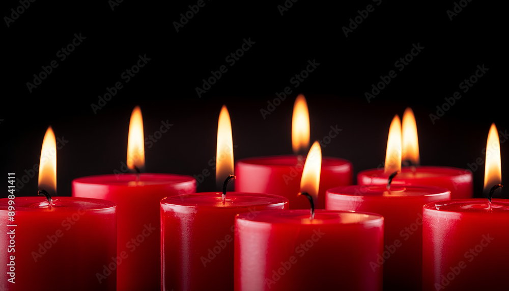 A Close-Up View of Burning Red Candles on Black Background During Relaxing Evening Atmosphere A Close-Up View of Burning Red Candles on Black Background During Relaxing Evening Atmosphere