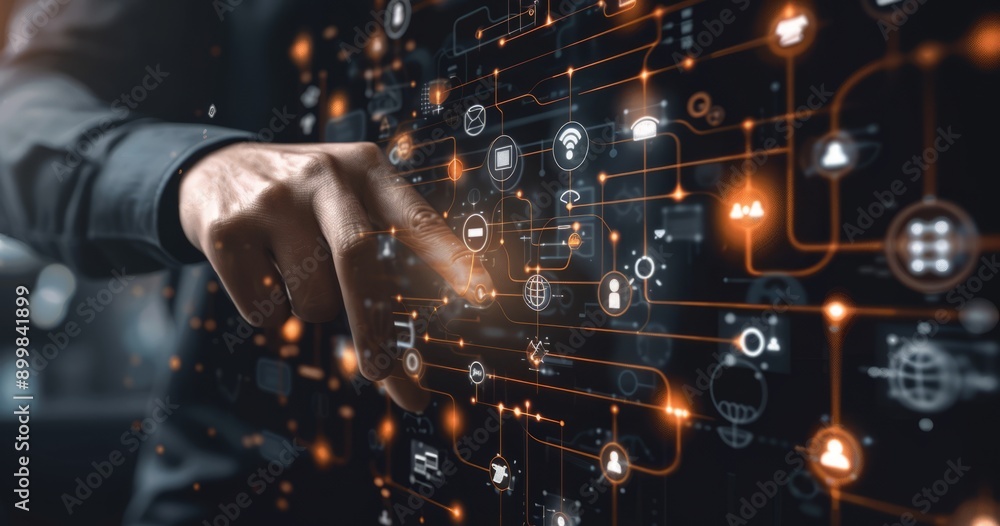Digital technology and business concept, hand touching on digital screen with data chart and graph icon for infographic design background, Digital technology and business concept, hand touching on digital screen with data chart and graph icon for infographic design background,