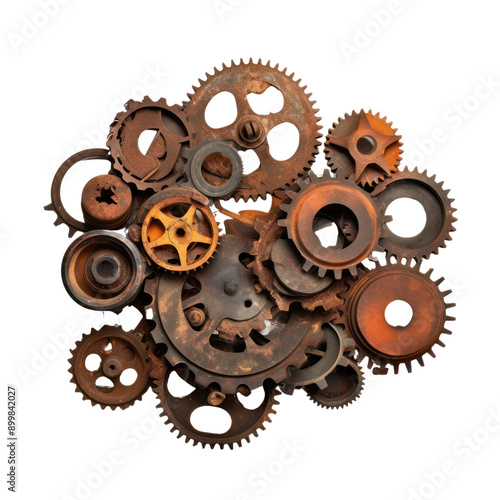 set of rusty gears round steel metal mechanical isolate transparent background