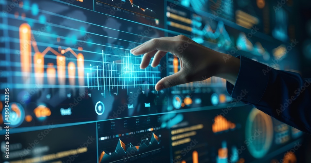 Hand touching digital screen displaying data and business graphs, representing the use of AI in marketing for analytics or content creation on Hand touching digital screen displaying data and business graphs, representing the use of AI in marketing for analytics or content creation on