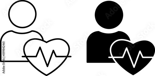 Cardiogram Icons. Black and White Vector Icons of Human and Pulsating Heart. Health and Medical Concep