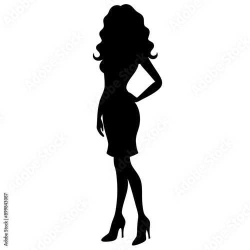 a beautiful shopping woman with long curly hair vector silhouette, long shoes, high heel, isolated white background (28)