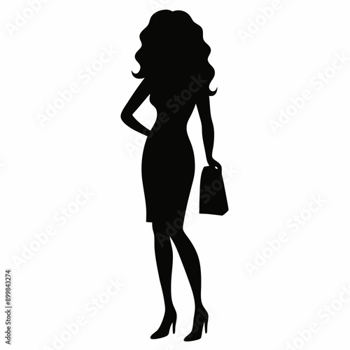 a beautiful shopping woman with long curly hair vector silhouette, long shoes, high heel, isolated white background (35)