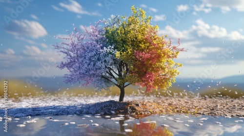 Obraz na płótnie A captivating artistic representation of a tree showing all four seasons simultaneously. The vibrant colors of spring, summer, fall, and winter blend harmoniously, creating a visually stunning and w salonie