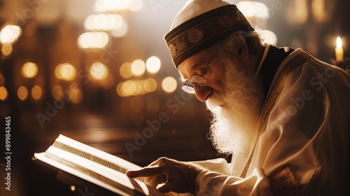 Wise and pious rabbi engrossed in reading the sacred scriptures in the dimly lit temple adorned with flickering candles, deep in contemplation and devotion