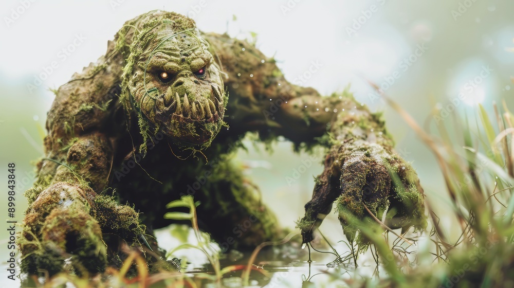 Monstrous Swamp Creature Emerging from the Murky Water with Glowing Red Eyes and Slime-Dripping Fangs Ready to Strike at Unsuspecting Prey. Monstrous Swamp Creature Emerging from the Murky Water with Glowing Red Eyes and Slime-Dripping Fangs Ready to Strike at Unsuspecting Prey.
