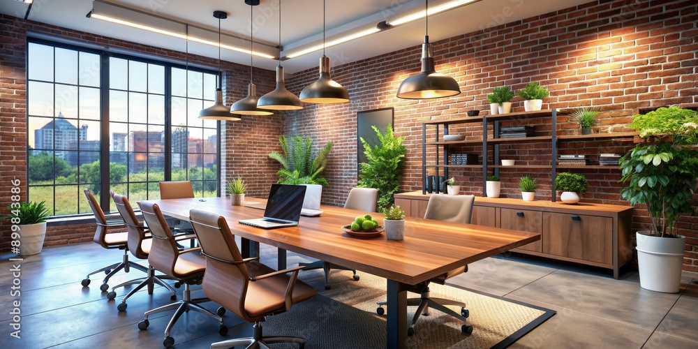Modern Industrial Office Meeting Room with Brick Walls and City View, office design , interior design , meeting room , modern decor Modern Industrial Office Meeting Room with Brick Walls and City View, office design , interior design , meeting room , modern decor