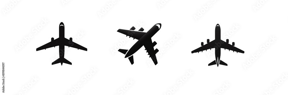 Set of Silhouette image of an airplane icon, isolated over on transparent white background Set of Silhouette image of an airplane icon, isolated over on transparent white background