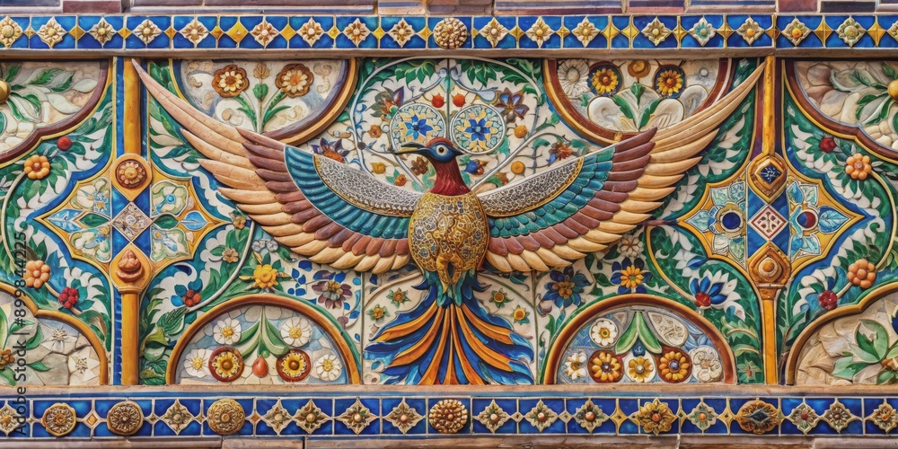 Mosaic Bird with Floral Pattern, Russian Architecture, Ornate Tilework, St. Basil's Cathedral, Moscow Mosaic Bird with Floral Pattern, Russian Architecture, Ornate Tilework, St. Basil's Cathedral, Moscow