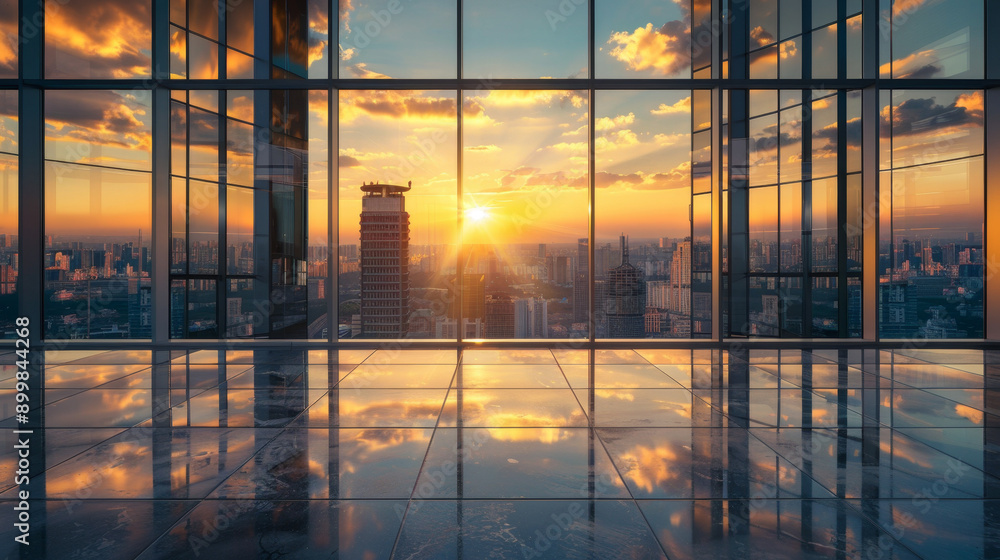 Beautiful cityscape view from large floor-to-ceiling windows of office building with modern glass interior and reflection
