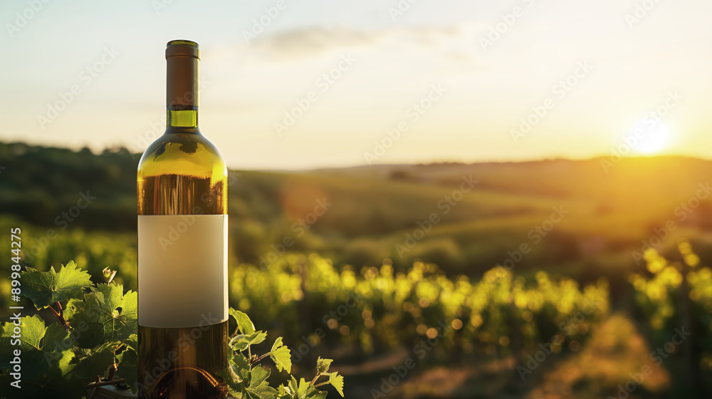 Fototapeta premium Wine bottle in sunlit vineyard, captured during golden hour, showcasing grapevines and picturesque landscape, wine production concept