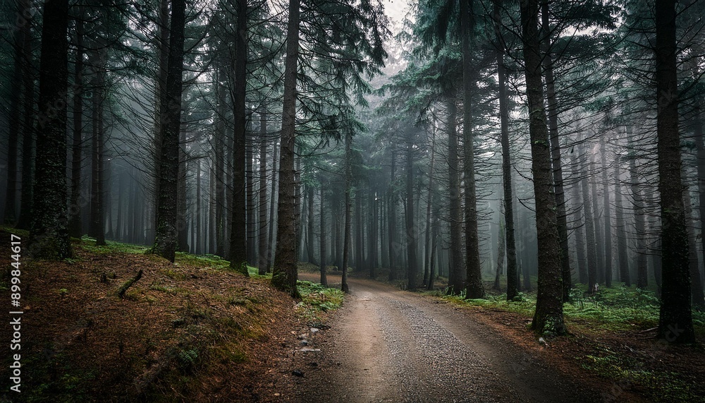 Obraz premium Un bosque oscuro y misterioso con árboles de coníferas altos y esbeltos. Un camino de tierra
