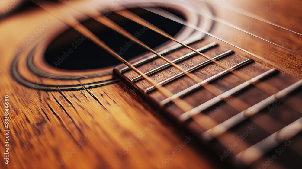 Close-up of acoustic guitar strings on wooden body, detailed guitar strings, music concept Close-up of acoustic guitar strings on wooden body, detailed guitar strings, music concept
