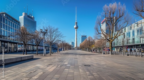 Berlin, Alexanderplatz in a sunny spring day. Park inn hotel, shopping malls, TV tower Fernsehturm and Berlin Alexanderplatz Bahnhof are on the background