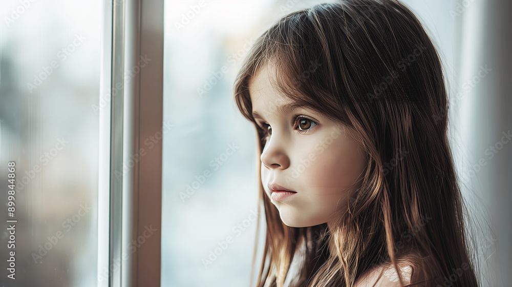 Pensive child looking out window, thoughtful young girl with brown hair in natural light, childhood innocence, reflection concept Pensive child looking out window, thoughtful young girl with brown hair in natural light, childhood innocence, reflection concept